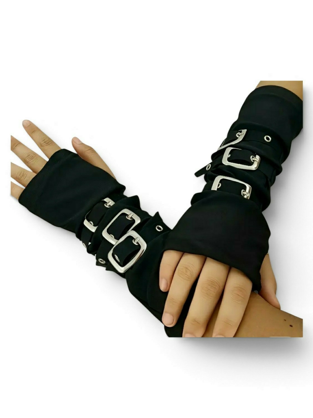 Gothic unisex edgy black fingerless gloves with silver buckle.